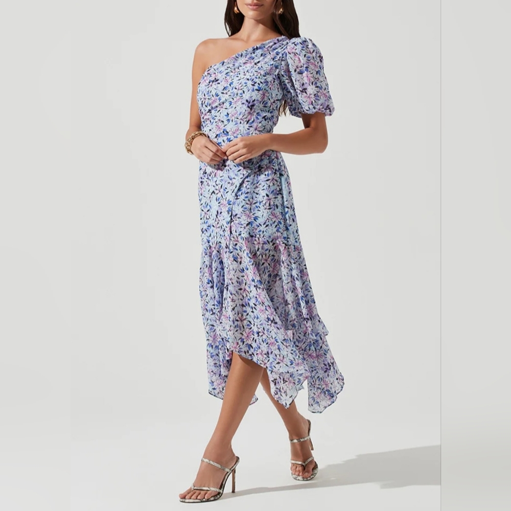 Astr One Shoulder Floral Dress - Blue and Purple